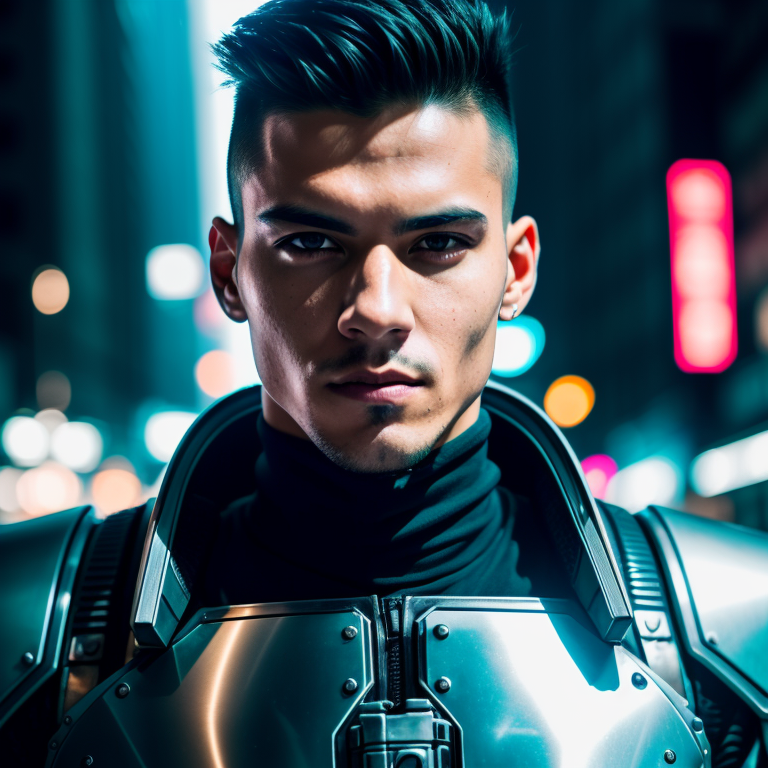 RAW photo, 1man, cyberpunk style, a portrait of young fierce man in shiny armor, city street, slim body, beautiful cyberpu...